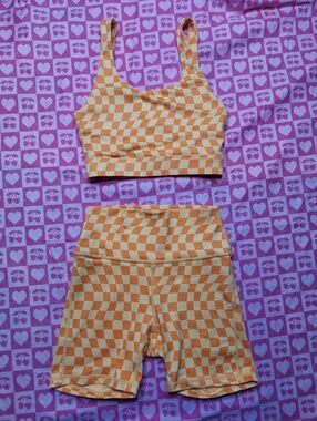Wilo The Label Checkerboard Orange Cropped Tank & High-Waist Bike Shorts Set